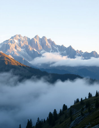 Mountain landscape with fog and clouds at sunrise.の写真素材