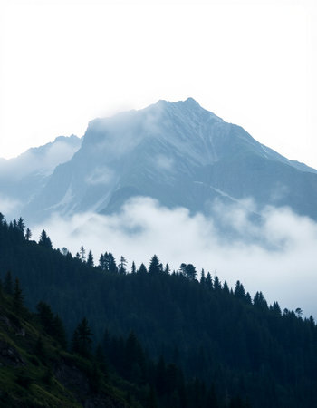 Mountain landscape with clouds and fog.