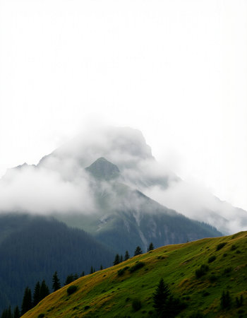 Mountain landscape with fog and cloudy sky. Caucasus Mountains, Georgia.