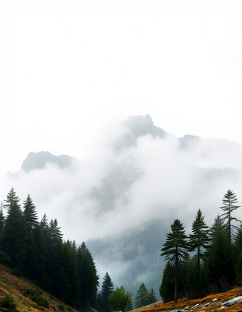 Foggy mountain landscape with coniferous forest on the slope