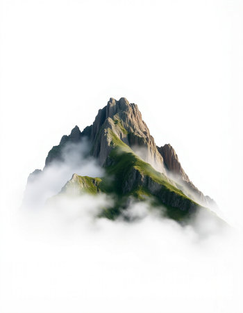 Mountain peak in the clouds. Isolated on white background.の写真素材