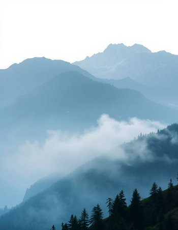 Foggy mountains landscape in the morning, Himalayas, Nepal
