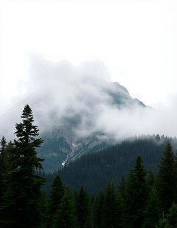 Mountain landscape with coniferous forest on the foreground and fog in the backgroundの写真素材