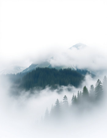 Foggy mountains with coniferous forest in the foreground.の写真素材