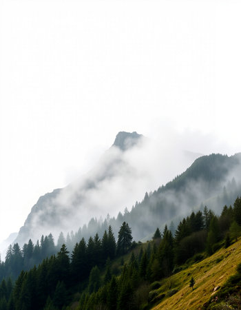 Mountain landscape with fog and clouds. Caucasus Mountains, Georgia.の写真素材