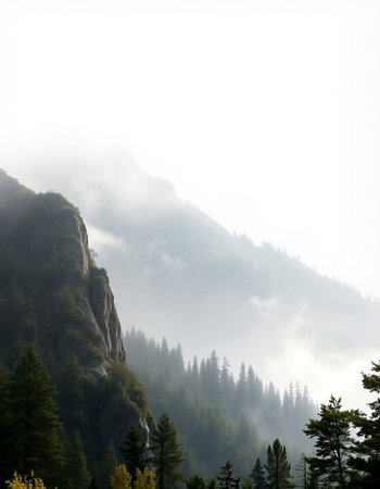 Misty mountain landscape with coniferous forest and rocks in the foregroundの写真素材