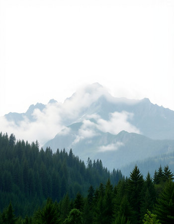 Foggy mountain landscape with coniferous forest in the foreground