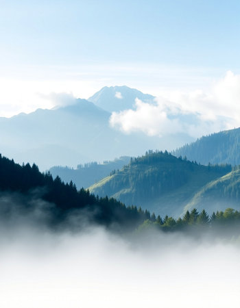 Morning fog in the mountains. Carpathians, Ukraine, Europe