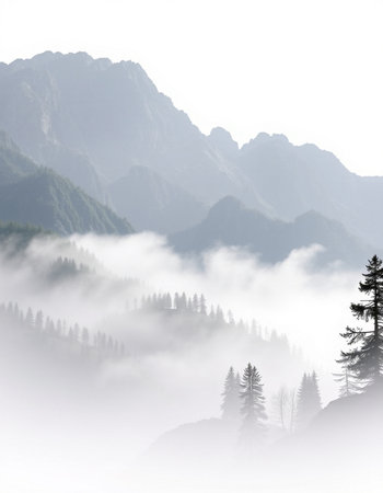 Foggy mountain landscape with coniferous trees in the foreground