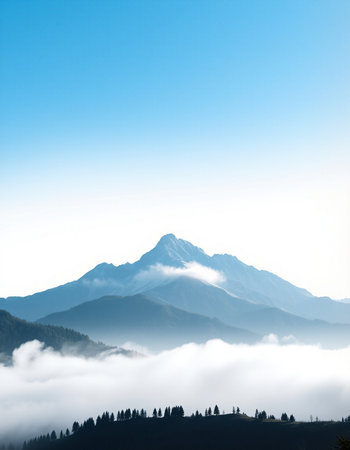 Beautiful mountain landscape in the morning with fog and blue sky.の写真素材