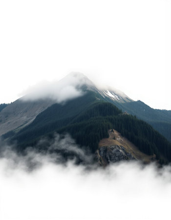 Mountain landscape with fog in the foreground, isolated on white backgroundの写真素材