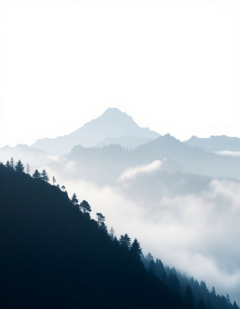Mountain landscape with fog and coniferous forest in the morningの写真素材