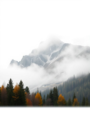 Mountain landscape with autumn forest and fog.の写真素材