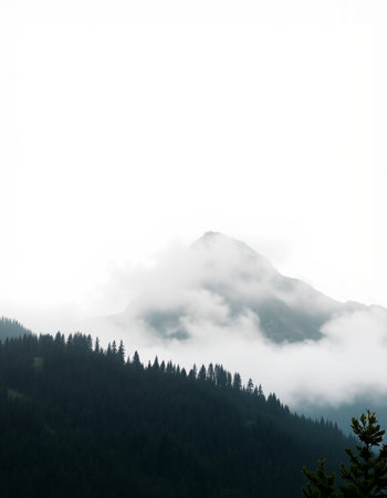 Mountain landscape with fog in the foreground and clouds in the background