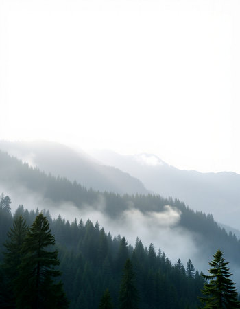 Foggy morning in the mountains with pine trees in the foreground