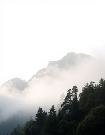 Foggy mountain landscape with coniferous trees in the foregroundの写真素材