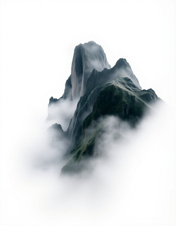 Mountain landscape with fog and clouds.