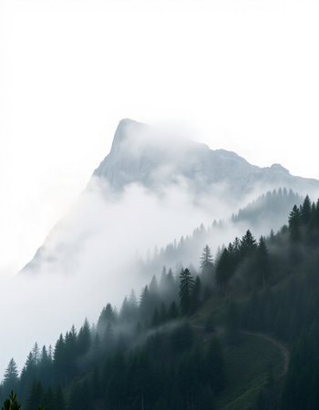 Mountain landscape with fog and coniferous forest in the foregroundの写真素材