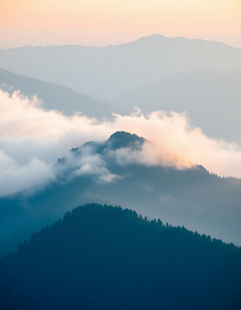 Foggy mountain landscape at sunrise in Carpathian mountains, Ukraineの写真素材