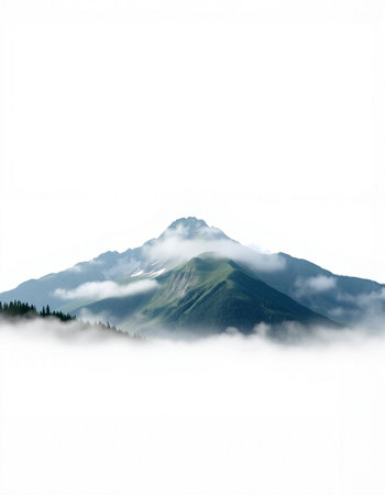 Mountain landscape with fog and clouds on a white background.の写真素材