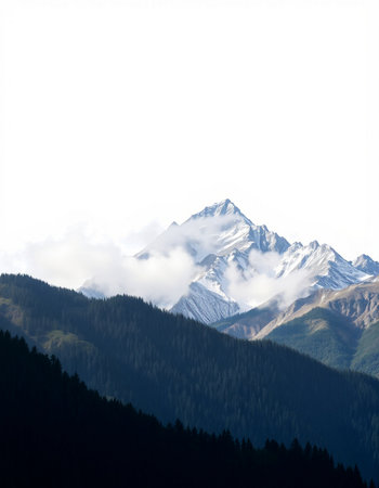 Mountain landscape with snow-capped peaks and coniferous forest