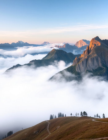 Foggy morning in the Dolomites mountains, Italy.の写真素材