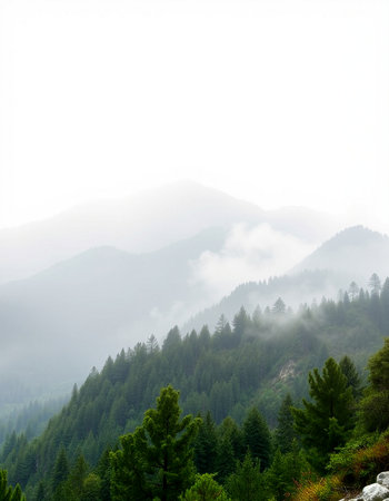 Beautiful mountain landscape with fog and pine trees in the foreground.
