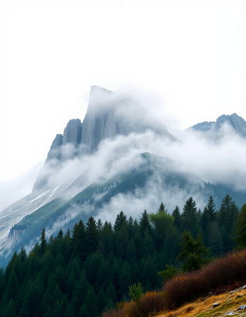 Foggy morning in the Dolomites mountains, Italy.