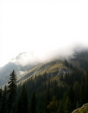 Mountain landscape with fog and clouds, Dolomites, Italyの写真素材