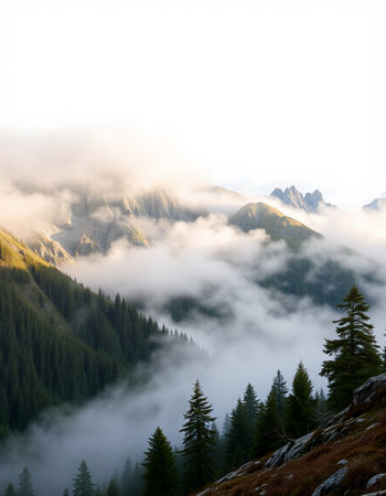 Foggy mountain landscape with coniferous forest and high peaks.