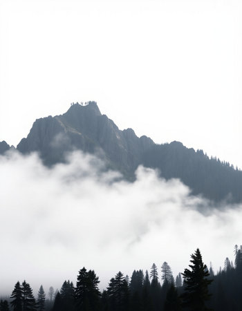 Mountain landscape with fog and coniferous trees in the foreground