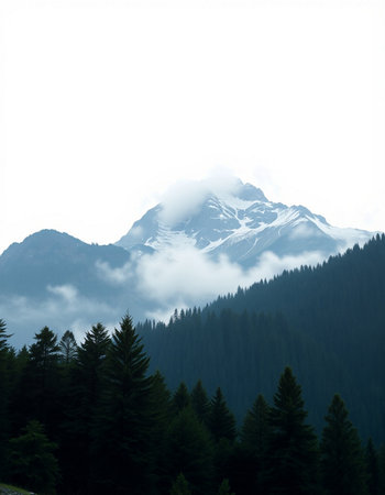 Mountain landscape with fog and coniferous forest on the foreground