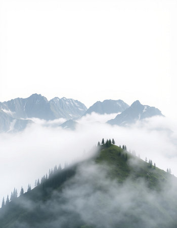 Mountain landscape with fog in the morning. Caucasus Mountains, Georgia.