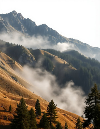 Mountain landscape with coniferous forest and fog in the morningの写真素材