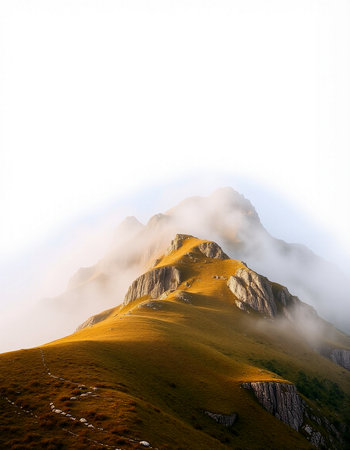 Mountain landscape with fog in the morning. Caucasus, Russia.の写真素材
