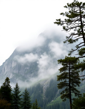 Mountain landscape with fog and coniferous forest in the foreground