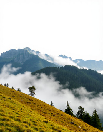 Mountain landscape with coniferous forest and high peaks in the cloudsの写真素材