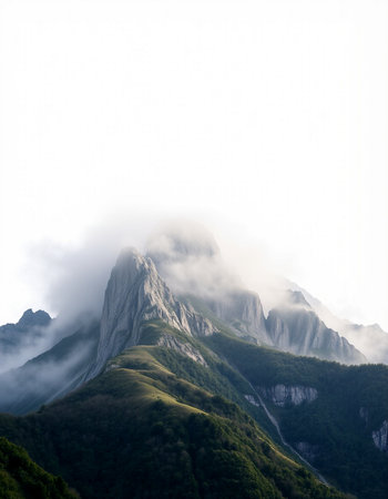 Mountain landscape with fog and clouds.の写真素材