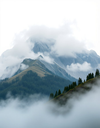 Mountain landscape with clouds and fog. Caucasus Mountains, Georgia.の写真素材