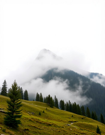 Mountain landscape with fog and clouds in the Dolomites, Italyの写真素材