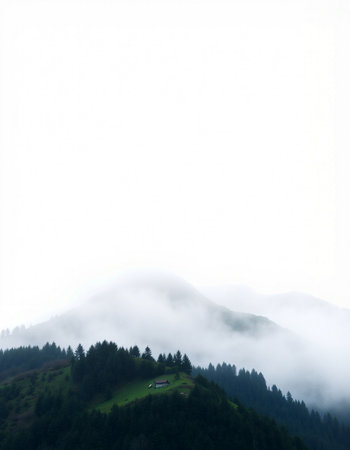 Mountain landscape with fog in the morning, closeup of photo
