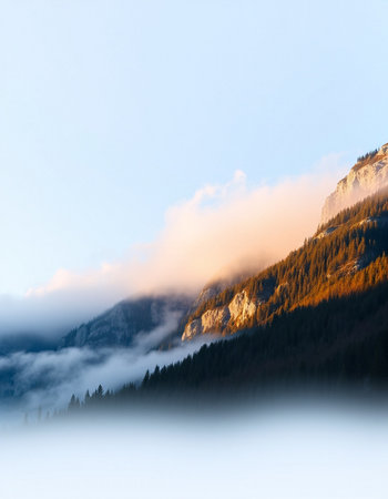 Sunrise in the Dolomites with fog and clouds. Italyの写真素材