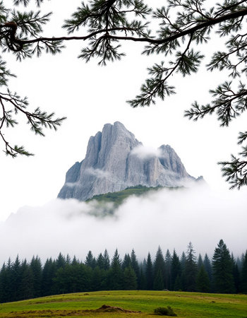 Foggy mountain landscape in Dolomites, South Tyrol, Italyの写真素材