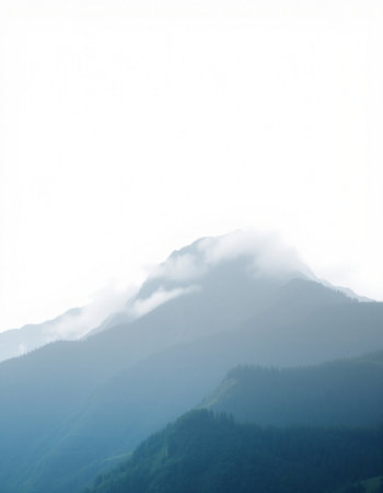 Mountain landscape with fog in the morning. Caucasus Mountains, Georgia.の写真素材