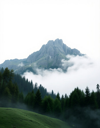 Mountain landscape with coniferous forest and fog in the morning