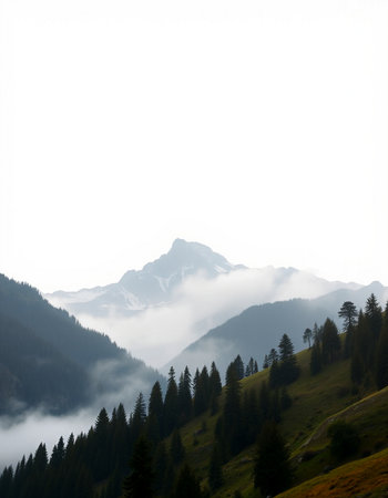 Foggy morning in the mountains. Caucasus, Dombay