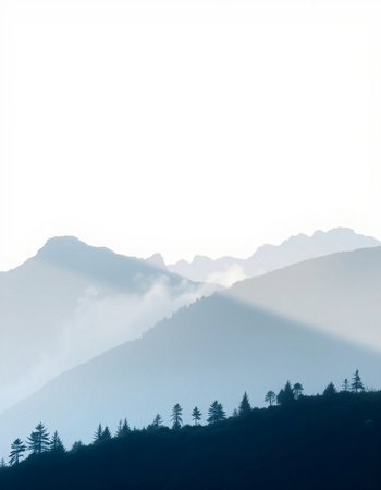 Mountain landscape with fog in the morning, closeup of photoの写真素材
