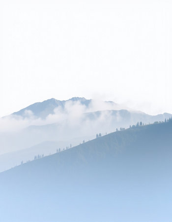 Mountain landscape with fog in the morning. Caucasus, Russia.