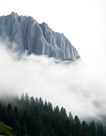 Foggy mountain landscape in the Dolomites, Italy.