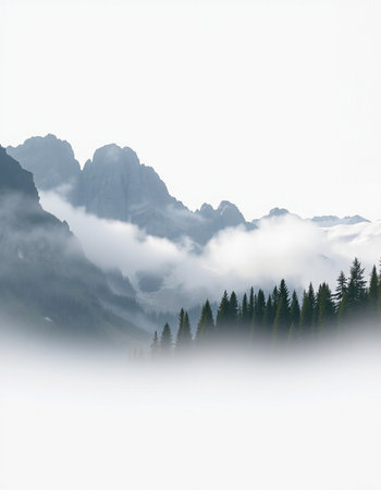 Foggy morning in the Dolomites mountains, Italy.の写真素材